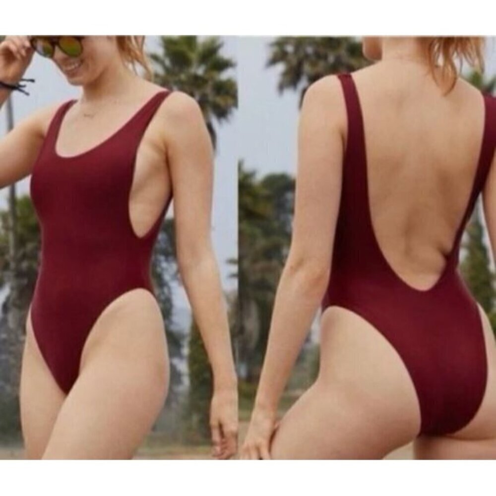 Aerie One Piece Long Womens Large Maroon Scoop Neck Cheeky High Cut Beachy Boho